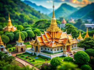 Stunning Tilt-Shift Photography of the Beautiful Golden Pavilion of Wat Phachonkeaw Surrounded by Lush Greenery and Majestic Mountains in a Serene Landscape