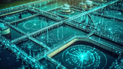 Aerial view of a modern water treatment plant with digital overlay.