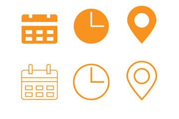 Time, date, location icon. Address event. Calendar, clock, geo pin symbol. Meeting information. Vector illustration.