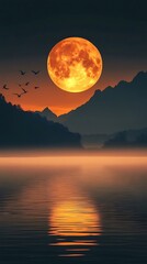 Obraz premium Moonlit mountain peaks glowing under the brilliance of a golden full moon