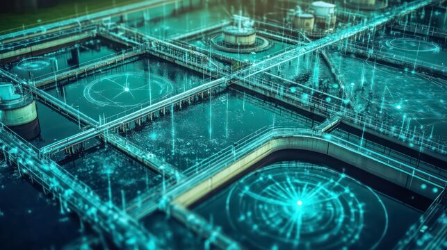 Aerial view of a modern water treatment plant with digital overlay.