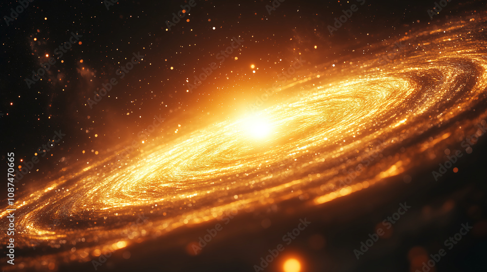 Poster a stunning view of a swirling galaxy illuminated by bright golden light in the vastness of space on 