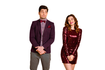 Portrait of his he her she nice-looking well-dressed attractive lovely glamorous fascinating cheerful confused people meeting first time isolated over bright vivid shine yellow background