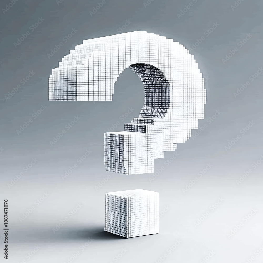 Aufkleber an intricate 3d question mark composed of small white cubes, symbolizing curiosity and uncertainty i