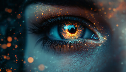 Close-up of of eyes, reflecting neon signs and city lights, hinting at hidden emotions and curiosity, soft bokeh effect in the background with subtle sparks and light trails.