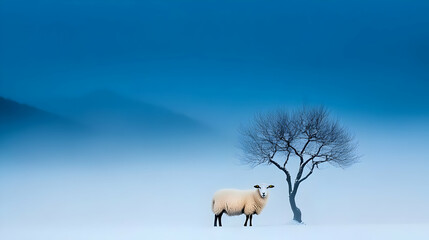 A lone sheep standing in a snowy field, with a misty winter landscape in the background,