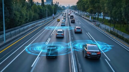 Cars driving on a highway with blue circles around them, representing autonomous driving technology.