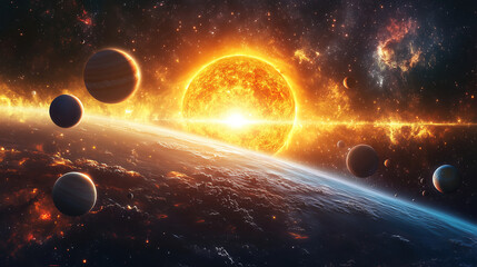A stunning view of the sun rising above the Earth with vibrant planets in the foreground and cosmic elements in the background. Generative AI