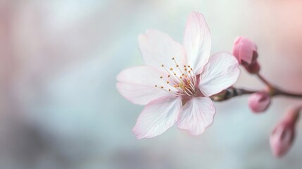 Fototapeta premium Delicate Cherry Blossom Flower Blooming in Soft Pastel Background Capturing the Essence of Spring Nature's Beauty and Serenity