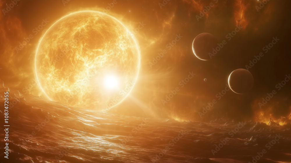 Poster bright sun illuminating distant planets in a cosmic landscape during a stunning celestial event of t