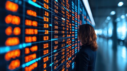 Businesswoman Analyzing Stock Market Data on Digital Display Board in Modern Office Environment with Dynamic Visual Aids Reflecting Financial Trends and Performance Indicators