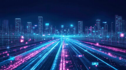 AI-driven transport analytics, digital data visualization, city background, neon glow