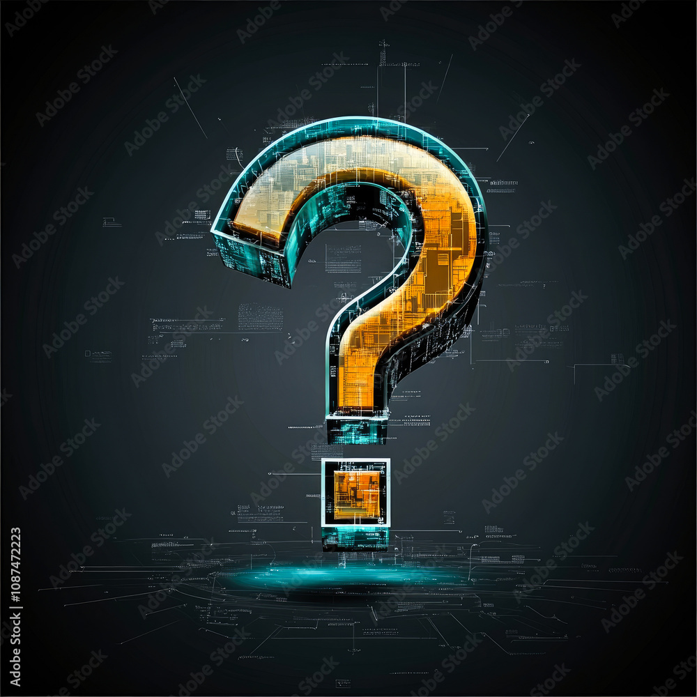 Poster a glowing question mark surrounded by intricate circuitry, symbolizing technology and the unknown in