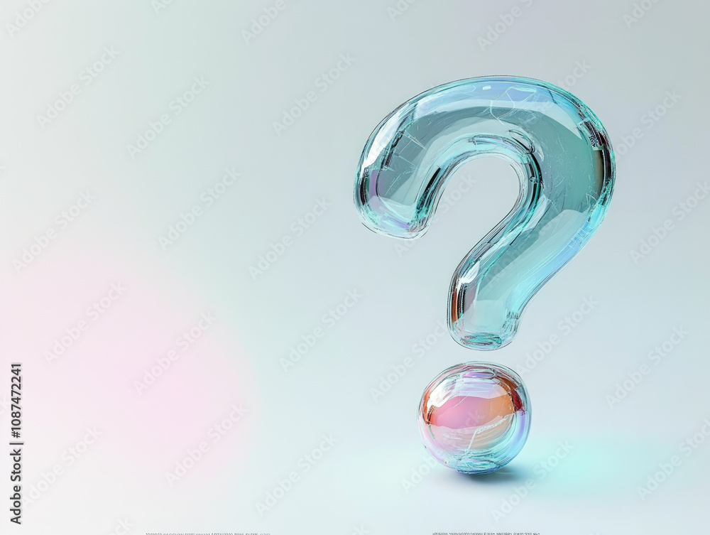 Poster a translucent question mark made of glass, capturing light with soft reflections, representing clari
