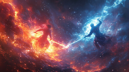 Epic full-body anime duel between a hero and a villain, both wielding massive glowing energy swords. The battlefield is a vast desert with swirling sandstorms and beams of light piercing through the d