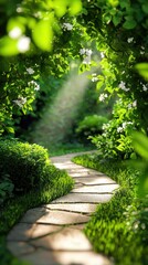 Fototapeta premium Lush Garden Pathway with Dappled Sunlight