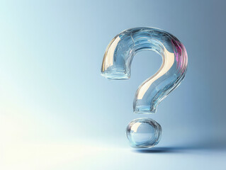 A question mark crafted from crystal-clear material against a gradient backdrop, symbolizing clarity and curiosity in a sleek, modern design.