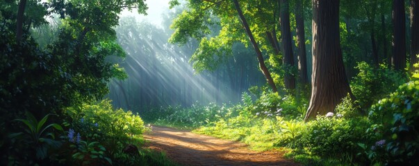 Tranquil Forest Path with Sunlight and Lush Greenery