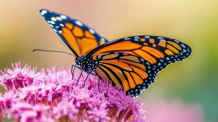Obraz premium Vibrant Monarch Butterfly Feeding on Bright Pink Flowers in a Colorful Garden Scene During a Sunny Day, Showcasing Nature's Beauty and Delicate Details