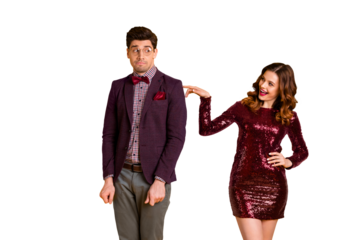 Portrait of his he her she nice attractive lovely funny pretty smart cheerful cheery confused people meeting 1st time know each other isolated over bright vivid shine yellow background