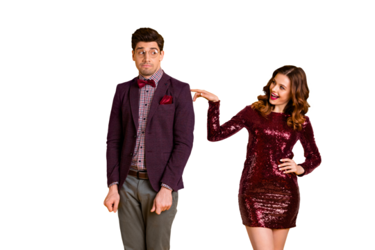 Portrait of his he her she nice attractive lovely funny pretty smart cheerful cheery confused people meeting 1st time know each other isolated over bright vivid shine yellow background