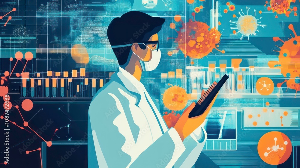 Poster a scientist in a lab coat and face mask looks at data on a tablet while surrounded by images of viru