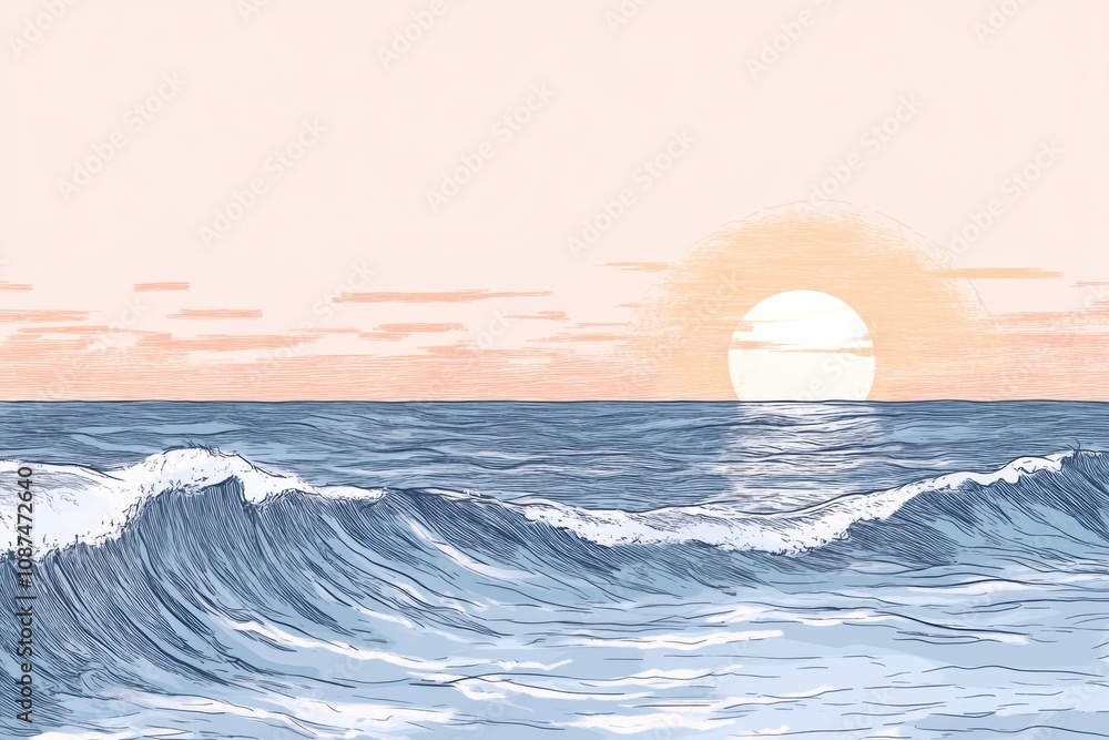 Poster a vibrant sunset casts warm colors over the ocean as waves gently crash at a serene beach, creating 