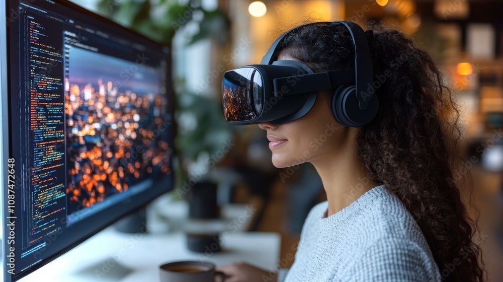 Poster a female developer immersed in virtual reality programming in a modern workspace