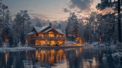 Fototapeta premium Cozy Winter Cabin by a Tranquil Lake at Sunset with Snow-Covered Trees and Warm Lights