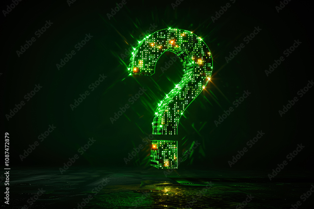 Poster a green lit-up question mark with a matrix-style design on a dark background, conveying themes of my
