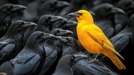 Fototapeta premium vibrant yellow bird stands out amidst flock of black crows, showcasing nature contrast