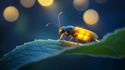Naklejka premium Close-up of a Glowing Insect on a Leaf Surrounded by Soft Bokeh Lights at Dusk, Showcasing Nature's Intricacy and Beauty in the Wild