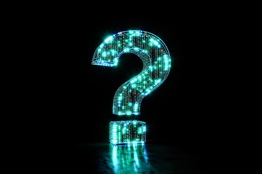 A luminous blue question mark made of glowing digital textures on a dark background, symbolizing inquiry and technological advancement.