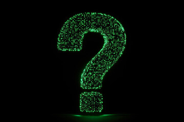 A glowing green digital question mark formed from data streams, reminiscent of a matrix, set against a mysterious dark background.