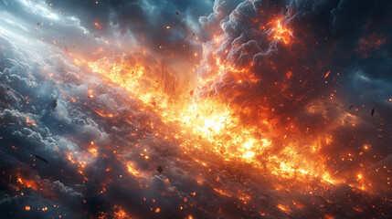 Naklejka premium Epic full-body anime duel between a hero and a villain, both wielding massive glowing energy swords. The battlefield is a vast desert with swirling sandstorms and beams of light piercing through the d