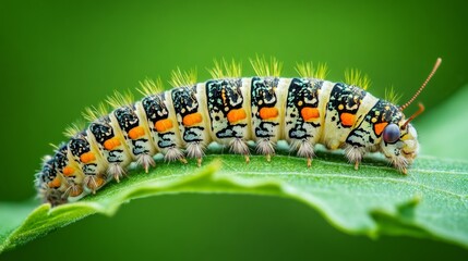 Fototapeta premium Vibrantly Colored Caterpillar Crawling on Green Leaf Surrounded by Nature, Showcasing Unique Patterns and Textures in a Close-Up Photography Perspective