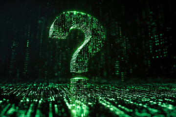 A digital landscape depicting a green question mark crafted from streams of numbers, symbolizing inquiry in a futuristic matrix environment.