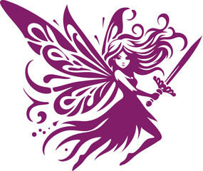 A Fierce and Delicate Fairy Warrior Gracefully Posing with a Sword Illustrated in a Vibrant Purple Color Palette and Characterized by Intricate Floral Patterns