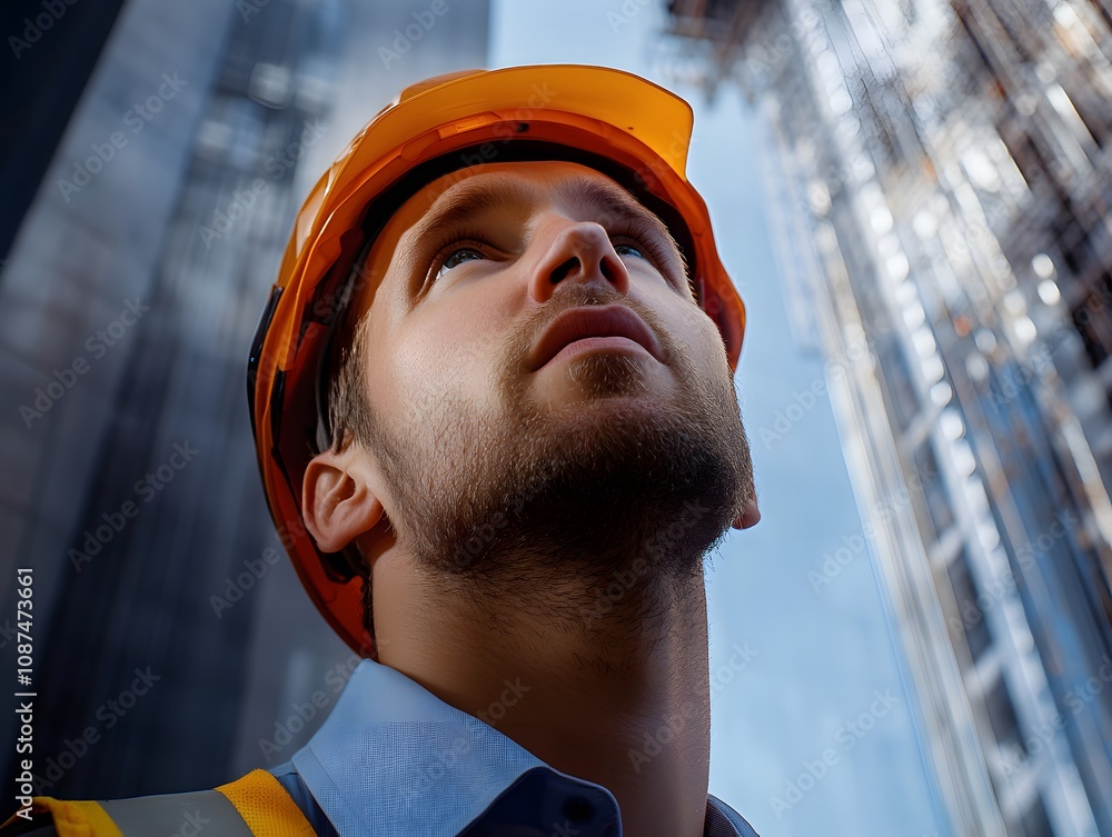 Aufkleber construction worker with safety helmet gazing upward at building framework, symbolizing hope and pro
