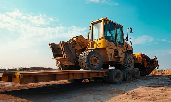Heavy machinery loader on a transport trailer against a clear blue sky, showcasing the power and efficiency of construction equipment in action on a building site.