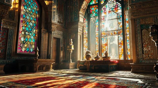 A sunlit interior of a palatial room is shown