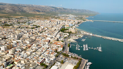Obraz premium Aerial view of Manfredonia, located in the province of Foggia, in Puglia, Italy. It is a small town on the Mediterranean Sea.