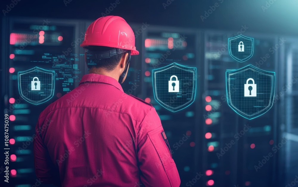 Poster a technician monitors data security in a server room with digital lock icons.
