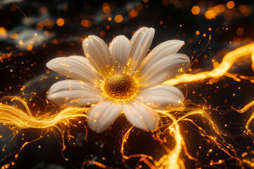 Fototapeta premium A white flower with a yellow center on a black background