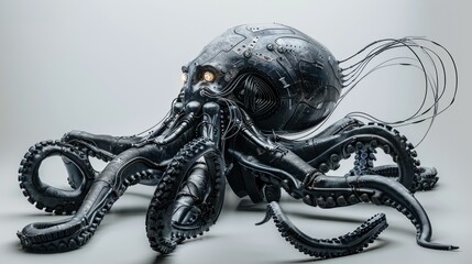 Obraz premium A metallic, robotic octopus with glowing eyes sits on a white background.
