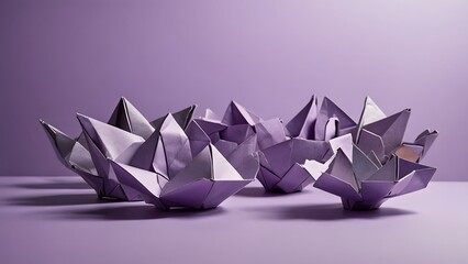 Beautiful Purple Origami Flower Bowls Displayed on a Soft Purple Background During a Creative Art Session