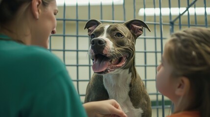 Shelter volunteer introducing a dog to a family at an animal adoption center