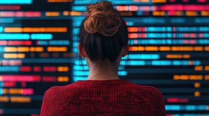 Woman Analyzing Data Insights from Digital Screen with Colorful Graphs and Information Flow in a Modern Tech Environment