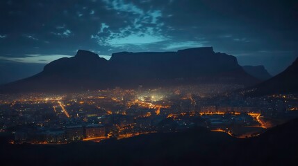 Fototapeta premium A panoramic view of Table Mountain at dusk, with the city lights of Cape Town twinkling below.