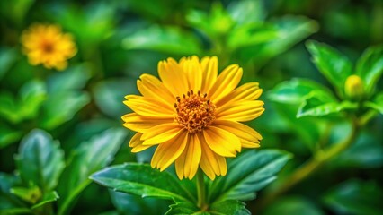 A bright yellow flower with multiple petals, its golden center filled with pollen, stands out against the backdrop of lush, green foliage.